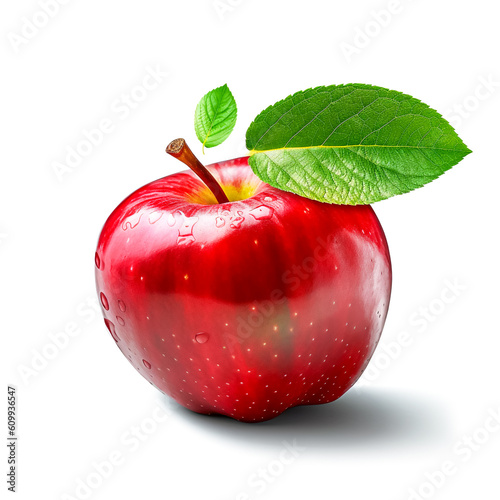 Isolated of fresh red apple with green leaves on white background , Photo by AI generative.