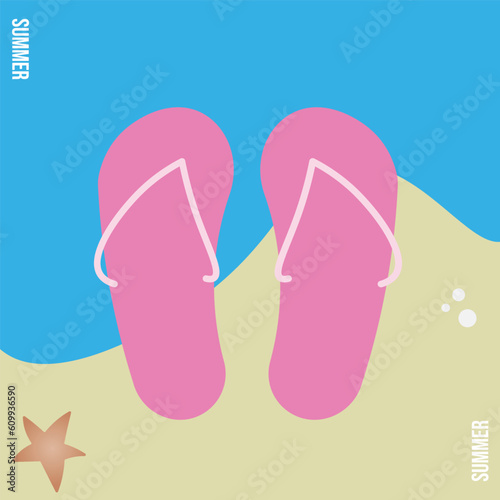 Vector flip flops on a beach. Summer illustration banner