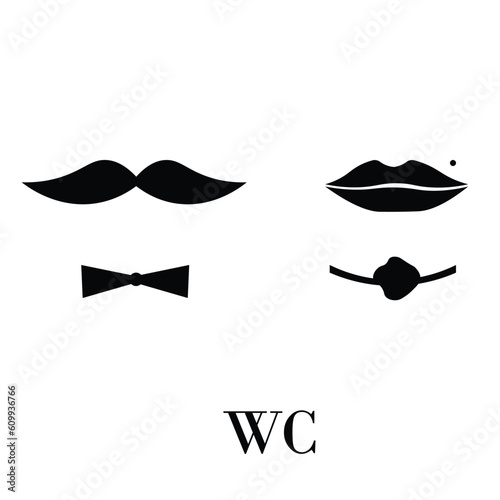 Black toilet icons, illustrations, mustache, lips 