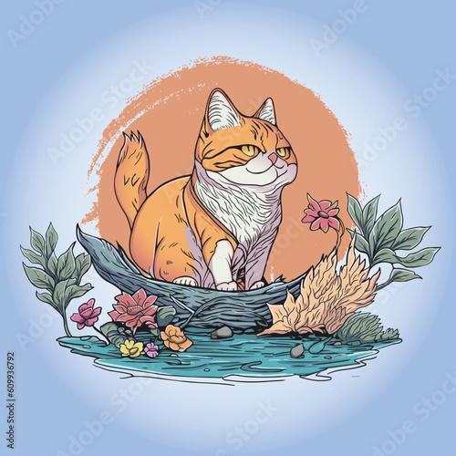 Pretty Cat in Garden of Flowers Vector Illustration (ID: 609936792)