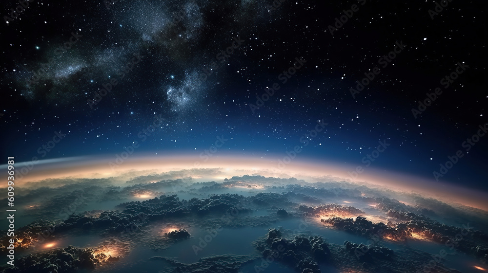 View of stars and milkyway above Earth from space. Beautiful space view of the Earth with cloud formation. Generative Ai
