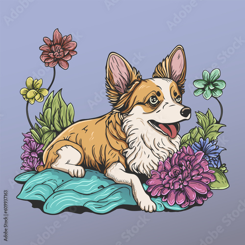 Cute Corgi Dog with Flowers in Summer Time Illustration (ID: 609937163)