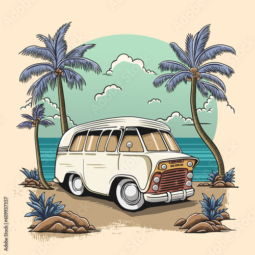 Vintage Car in Beach Summer Time Vector Illustration (ID: 609937557)