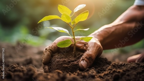 Hands of farmer growing and nurturing tree growing on fertile soil, Earth day concept, Generative AI