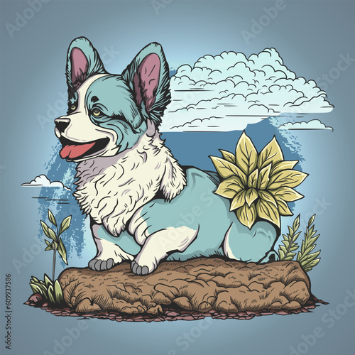Inu Corgi Beautiful Puppy Dog in Summer and Flower Vector (ID: 609937586)