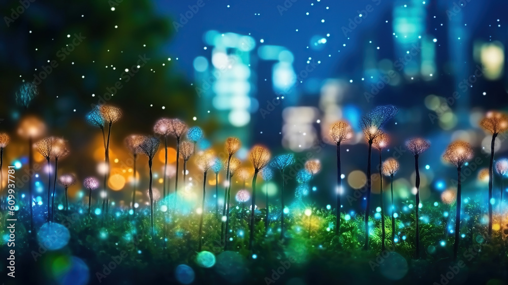 Fototapeta premium Abstract bokeh night garden in city background. Generative Ai