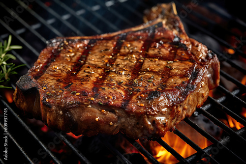 Close-up image of a t-bone steak on a bbq.