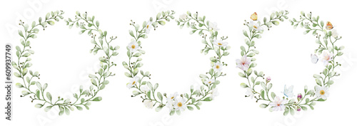 Set of watercolor wreaths with flowers leaves and butterflies