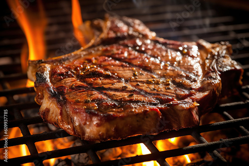 Close-up image of a t-bone steak on a bbq.