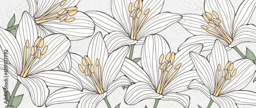 Light floral abstract background with white lilies. Background for decor, covers, postcards, business cards, social media posts, wallpapers.