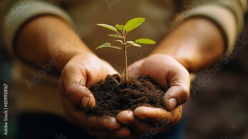 Hands of farmer growing and nurturing tree growing on fertile soil, Earth day concept, Generative AI
