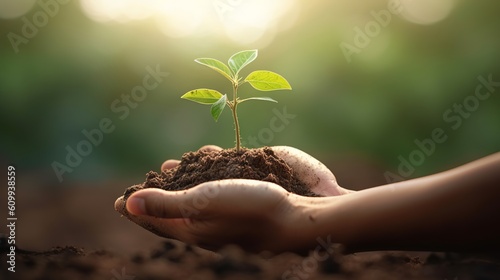 Hands of farmer growing and nurturing tree growing on fertile soil, Earth day concept, Generative AI photo