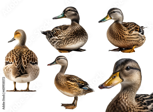 Duck, many angles and view portrait side back head shot isolated on transparent background cutout, PNG file,