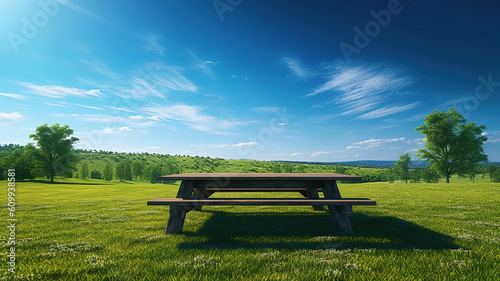 Picnic table on a green meadow in blue sky. Generative Ai