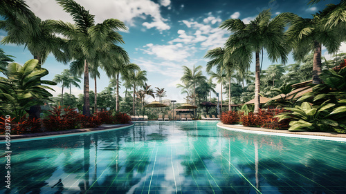 swimming pool surrounded with palms looking away while resting on tropical resort against cloudy sky. Generative Ai © PRI