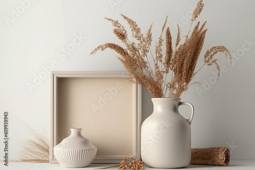 picture frame mockup and vase with dry plants, Beige linen tablecloth. White wall background. Scandinavian interior still life, Generative ai