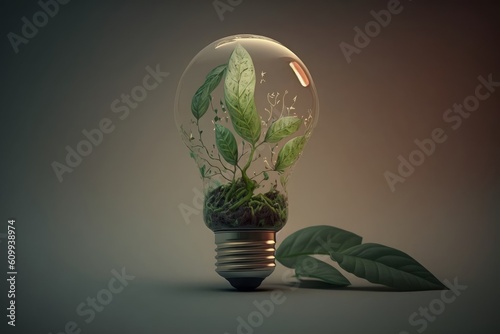 Green eco friendly lightbulb from fresh leaves, Generative ai