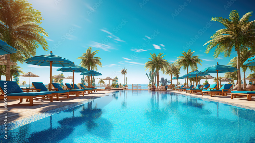 Luxurious beach resort with swimming pool and beach chairs or loungers under umbrellas with palm trees and blue sky. Generative Ai