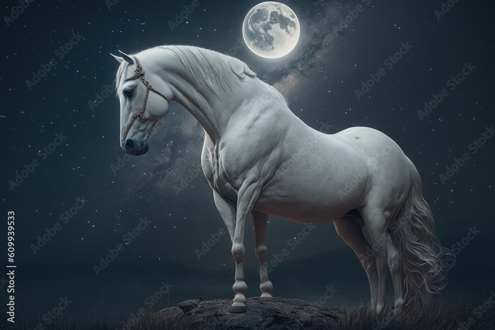 A white horse stands amidst a starry sky, Generative ai