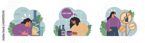 Female alcoholism set. Woman suffering from hard drinking, alcohol