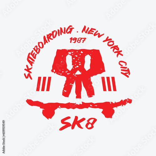 Vector illustration on the theme of skateboard and skateboarding. Grunge background. Stamp typography, t-shirt graphics design, poster, print, banner, flyer, postcard
