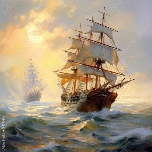 Sailing old flotilla, ships under sail in the ocean.