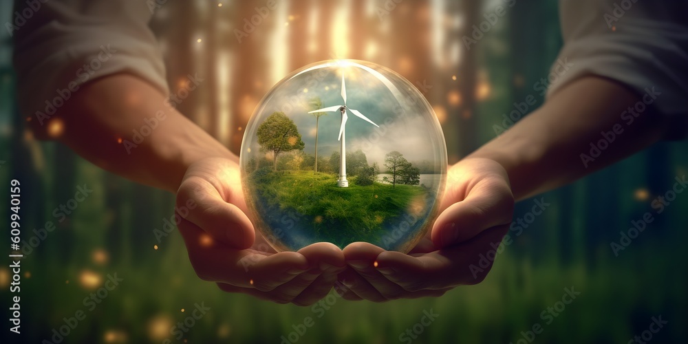 Hand holding glass Earth globe in green grass. Earth Day environment ...