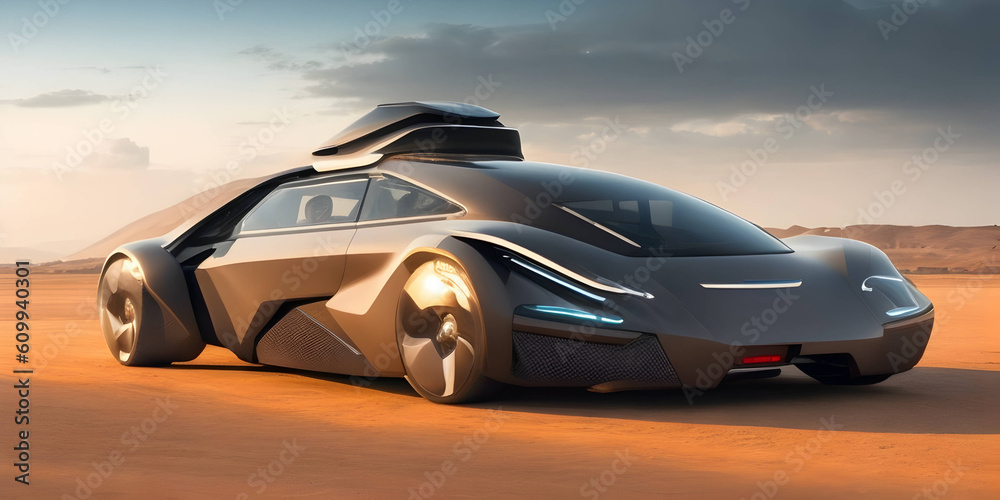 Sci-fi car of the future in the desert