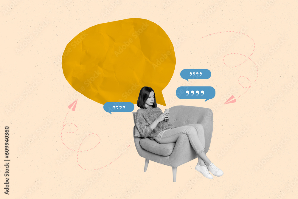 Photo of young business lady answer sms income notification dialogue between friends quotes phrases isolated on beige color background - obrazy, fototapety, plakaty 