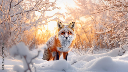 Fox on the winter forest meadow with white snow. Generative Ai © PRI