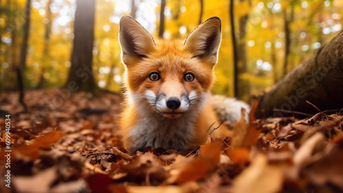 Cute Red Fox  in fall forest. Beautiful animal in the nature habitat. Generative Ai © PRI