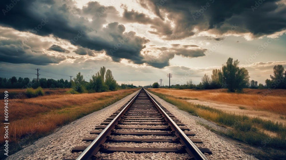 Railroad track and cloudy sky in the countryside made with Ai generative technology Railroad track and cloudy sky in the countryside made with Ai generative technology