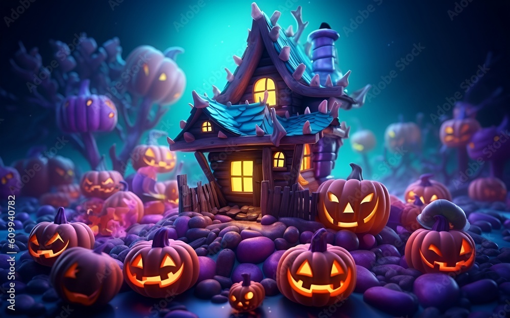 3d halloween background with spooky pumpkins and colorful house 3d halloween background with spooky pumpkins and colorful house