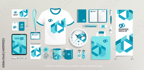 Brand Identity design concept on Promotional souvenirs and stationery items. Editable vector Stationery mock-up template. Corporate style presentation mock-up set. Promotional AD banner