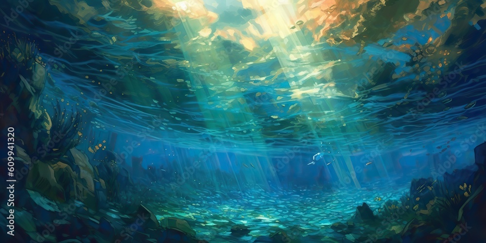 Obraz premium AI Generated. AI Generative. Underworld under water sea ocean diving life flora fauna adventure vacation trip photo illustration. Graphic Art