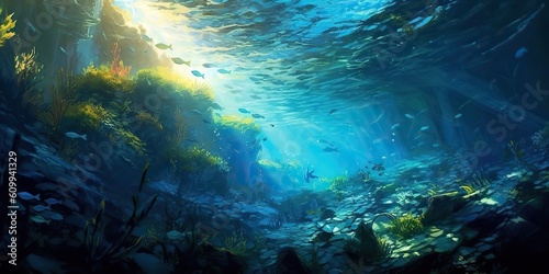 AI Generated. AI Generative. Underworld under water sea ocean diving life flora fauna adventure vacation trip photo illustration. Graphic Art