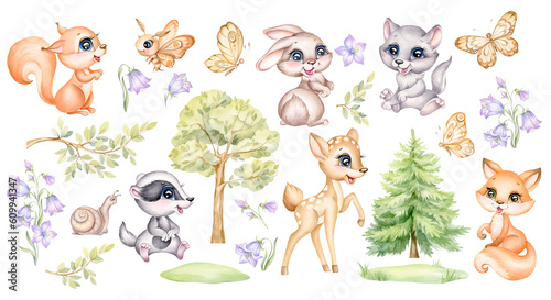 Watercolor Forest animals. Set of cute woodland characters. Baby deer, squirrel, little fox, wolf, bunny, hare, badger, butterfly, moth, flowers and tree. Hand-painted wildlife.