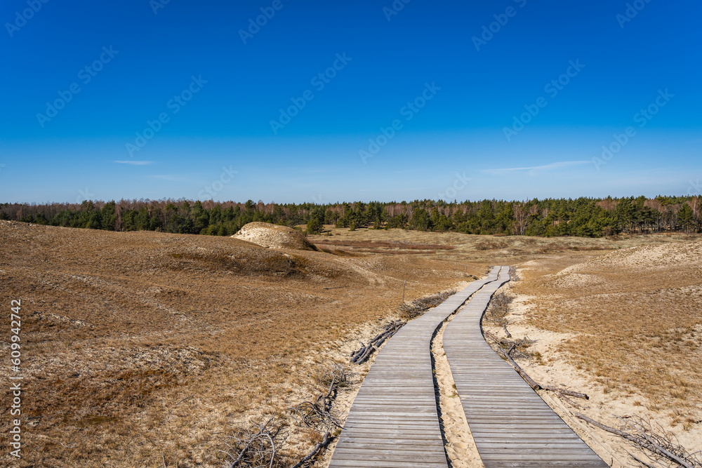 Wooden footpath on the Dead Dunes, or Grey Dunes, Curonian Spit, Neringa, Lithuania