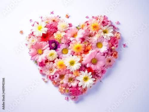 Heart made of beautiful flowers on light background. Bouquet of flowers in the shape of a heart. Ai generative