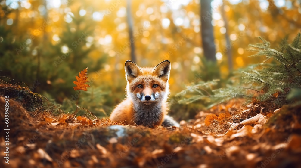 Cute Red Fox  in fall forest. Beautiful animal in the nature habitat. Generative Ai