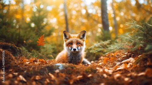 Cute Red Fox in fall forest. Beautiful animal in the nature habitat. Generative Ai