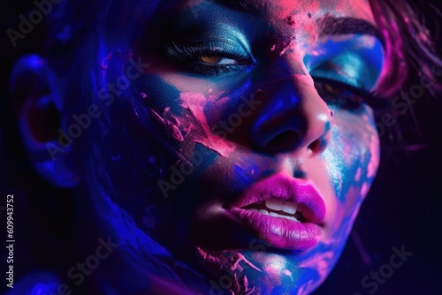 Close-up woman face in neon light  portrait of beautiful model with fluorescent make-up  design of female disco dancers  concept of digital creative. AI Generated.
