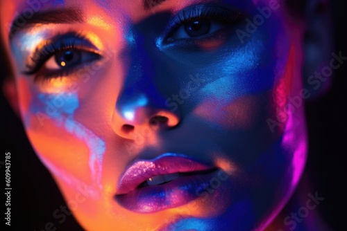 Close-up woman face in neon light  portrait of beautiful model with fluorescent make-up  design of female disco dancers  concept of digital creative. AI Generated.