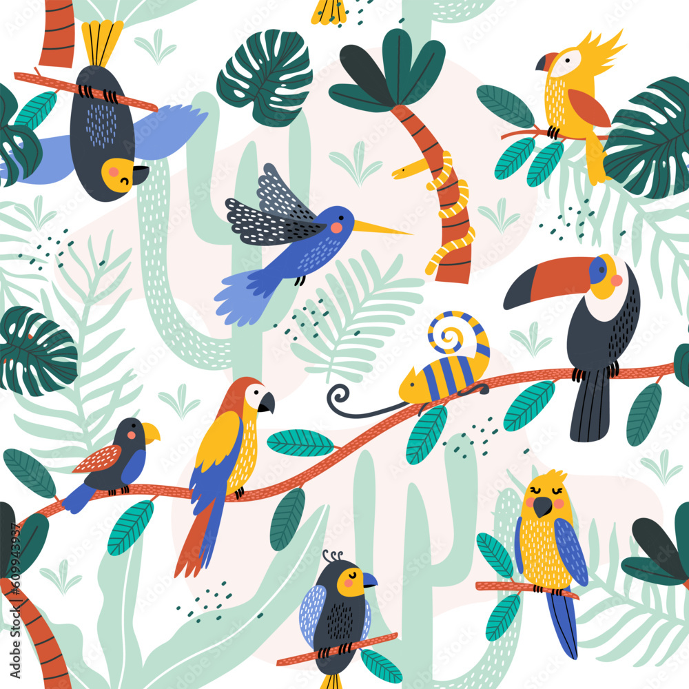 Obraz premium Summer seamless pattern with tropical birds, palm leaves . Vector illustrations