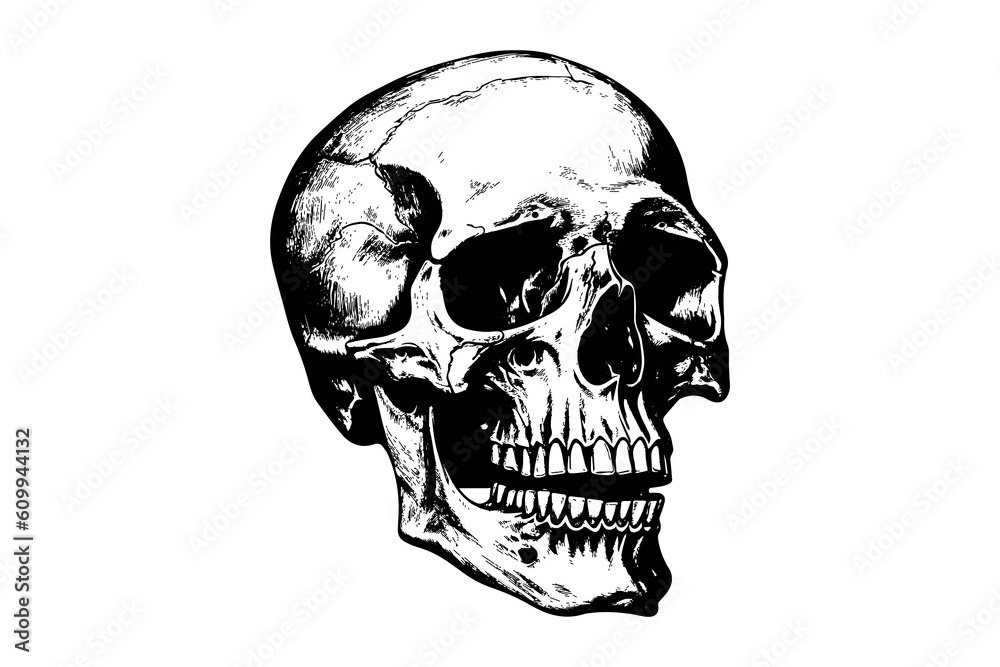Human skull in woodcut style. Vector engraving sketch illustration. Human skull in woodcut style. Vector engraving sketch illustration.