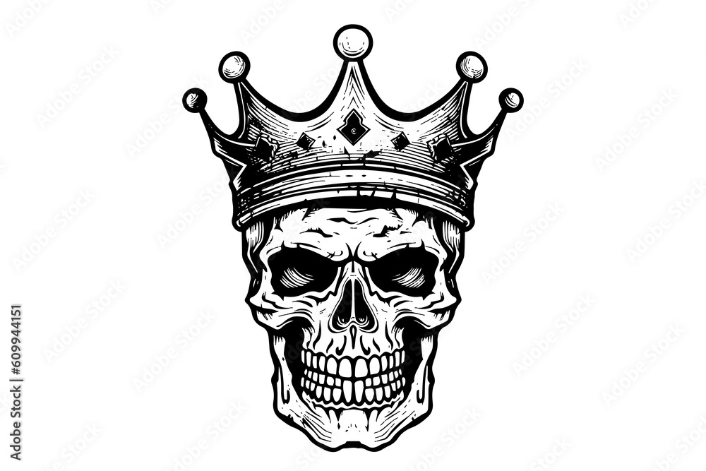 Human skull in a crown in woodcut style. Vector engraving sketch illustration for tattoo and print design. Human skull in a crown in woodcut style. Vector engraving sketch illustration for tattoo and print design.