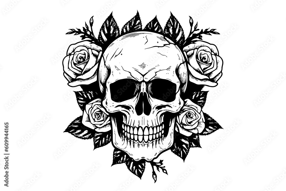 Fototapeta premium Human skull in a flower frame woodcut style. Vector engraving sketch illustration for tattoo and print design.