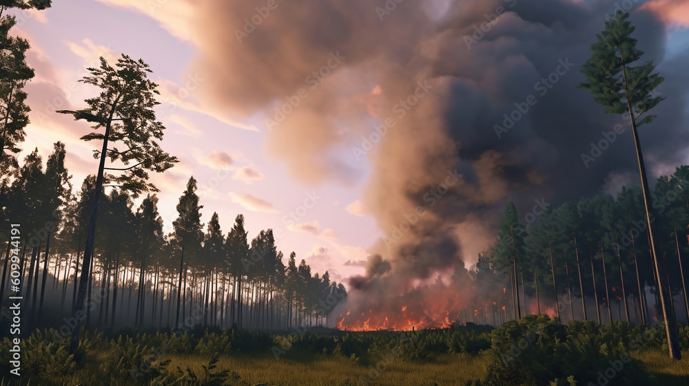 Countryside forest with cloudy sky covered by fire smoke during the evening. Generative Ai