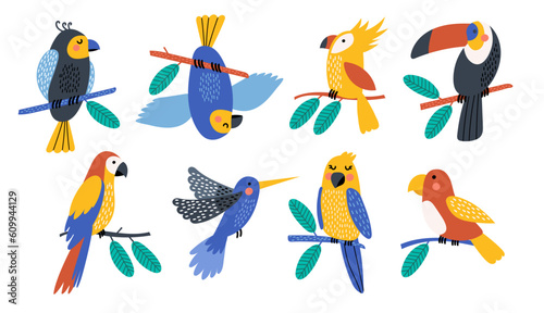 Set of tropical birds, Tropical collection of stickers for summer design, scrapbooking and postcards. Vector illustrations