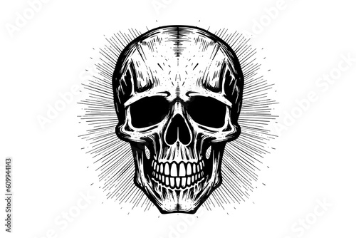 Human skull in woodcut style. Vector engraving sketch illustration.